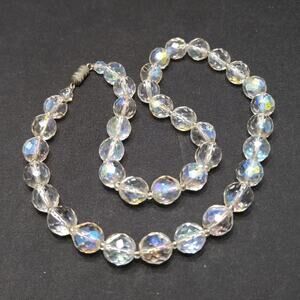 Vintage Czech Clear Crystal Bead Necklace, Fire Polished, 10mm, 18 1/2 Inches